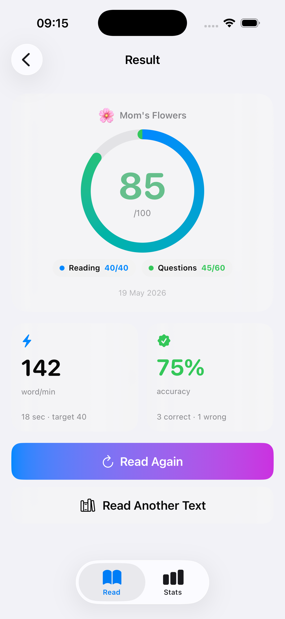 KidsRead sonuç ekranı
